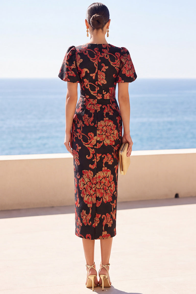 Load image into Gallery viewer, Floral Black Round Neck Sheath Midi Wedding Guest Dress with Sleeves