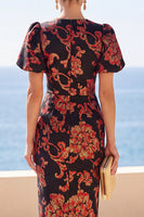 Load image into Gallery viewer, Floral Black Round Neck Sheath Midi Wedding Guest Dress with Sleeves