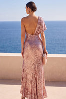 Load image into Gallery viewer, Sparkly Sequin Dusty Rose Ruffled Sheath Long Wedding Guest Dress with Slit