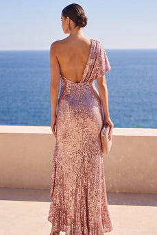Sparkly Sequin Dusty Rose Ruffled Sheath Long Wedding Guest Dress with Slit