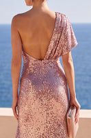 Load image into Gallery viewer, Sparkly Sequin Dusty Rose Ruffled Sheath Long Wedding Guest Dress with Slit