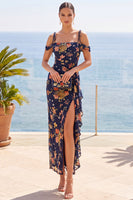 Load image into Gallery viewer, Floral Navy Sheath Ruffled Cold Shoulder Long Wedding Guest Dress with Slit