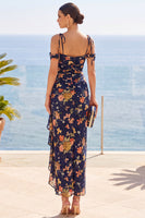 Load image into Gallery viewer, Floral Navy Sheath Ruffled Cold Shoulder Long Wedding Guest Dress with Slit