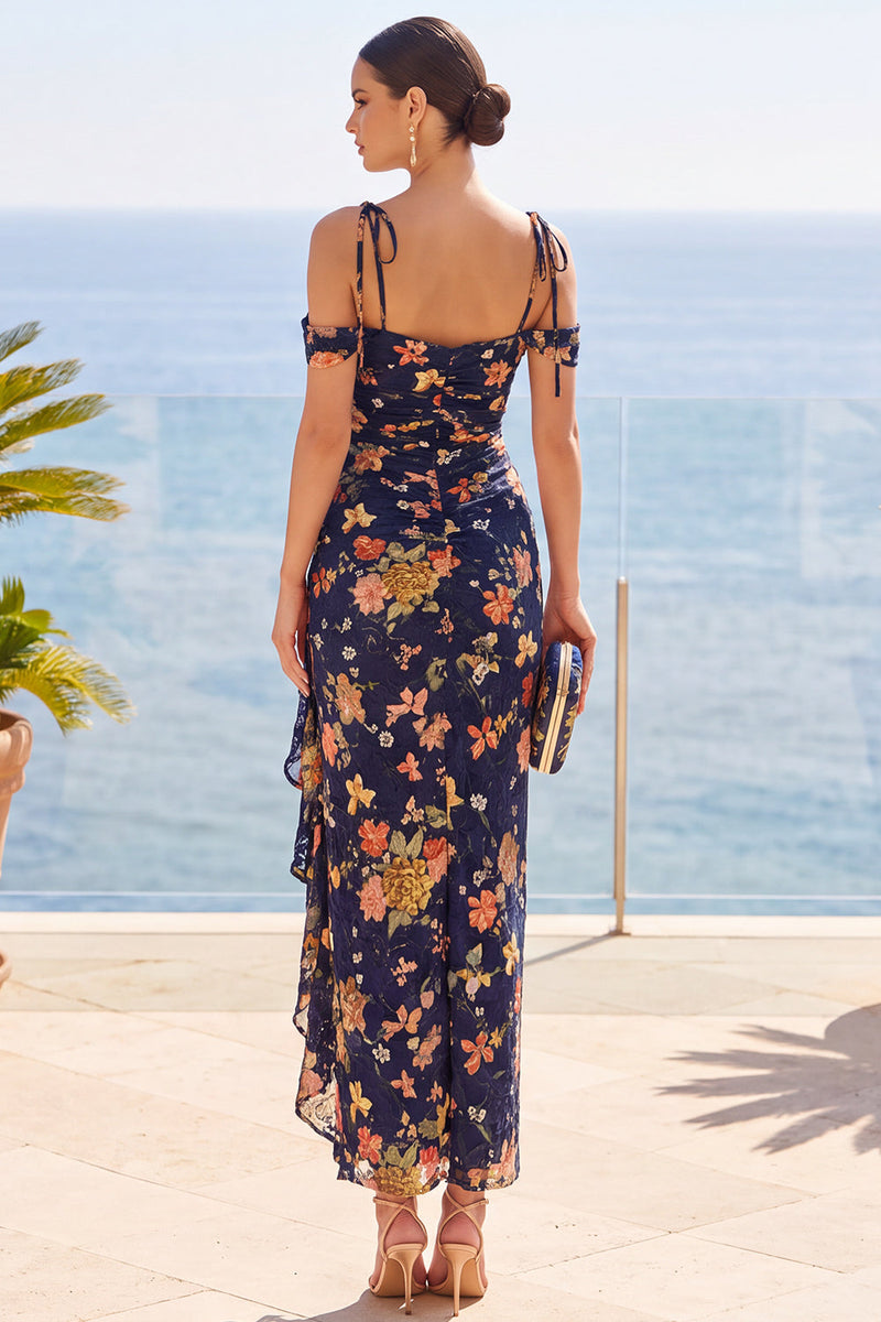 Load image into Gallery viewer, Floral Navy Sheath Ruffled Cold Shoulder Long Wedding Guest Dress with Slit