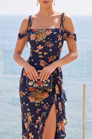 Load image into Gallery viewer, Floral Navy Sheath Ruffled Cold Shoulder Long Wedding Guest Dress with Slit
