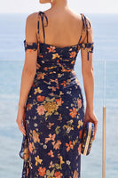 Load image into Gallery viewer, Floral Navy Sheath Ruffled Cold Shoulder Long Wedding Guest Dress with Slit