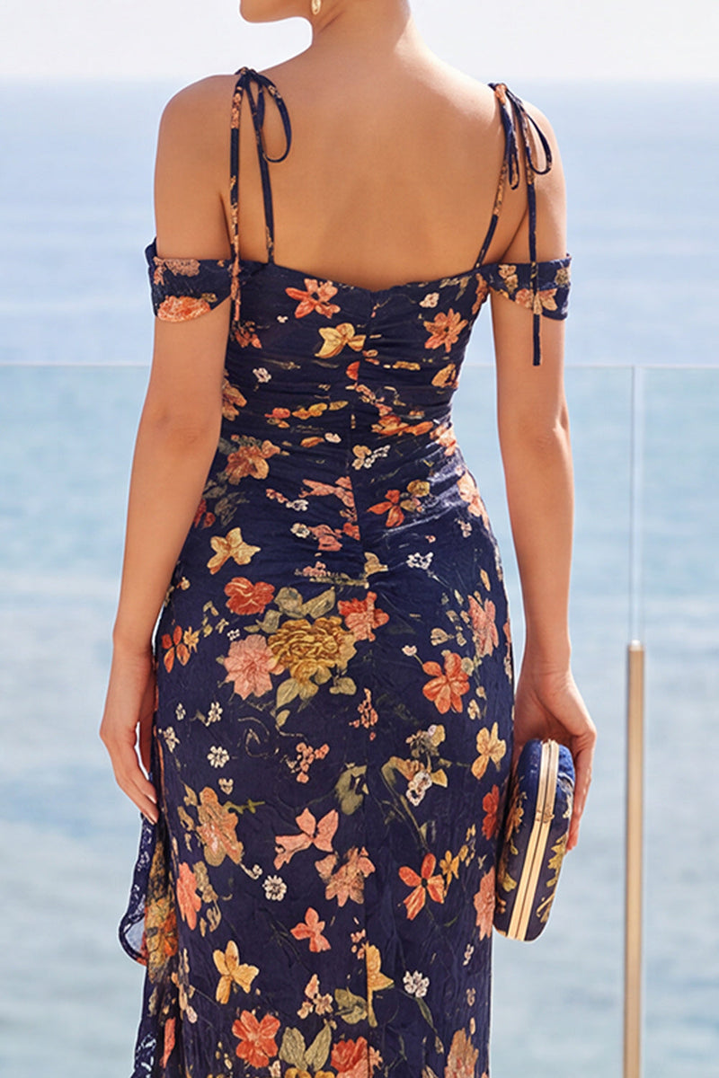 Load image into Gallery viewer, Floral Navy Sheath Ruffled Cold Shoulder Long Wedding Guest Dress with Slit