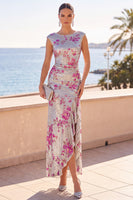 Load image into Gallery viewer, Sparkly Sequin Silver Floral Mermaid Ruffled Long Wedding Guest Dress with Slit