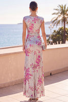 Load image into Gallery viewer, Sparkly Sequin Silver Floral Mermaid Ruffled Long Wedding Guest Dress with Slit