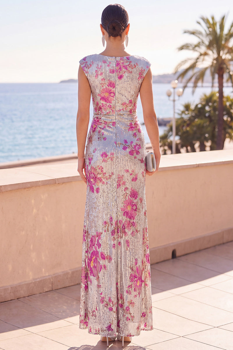 Load image into Gallery viewer, Sparkly Sequin Silver Floral Mermaid Ruffled Long Wedding Guest Dress with Slit