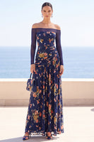 Load image into Gallery viewer, Floral Navy A Line Off the Shoulder Ruched Long Sleeves Wedding Guest Dress