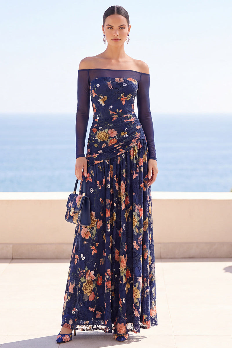 Load image into Gallery viewer, Floral Navy A Line Off the Shoulder Ruched Long Sleeves Wedding Guest Dress