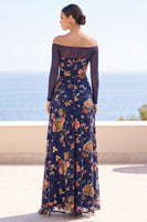 Load image into Gallery viewer, Floral Navy A Line Off the Shoulder Ruched Long Sleeves Wedding Guest Dress