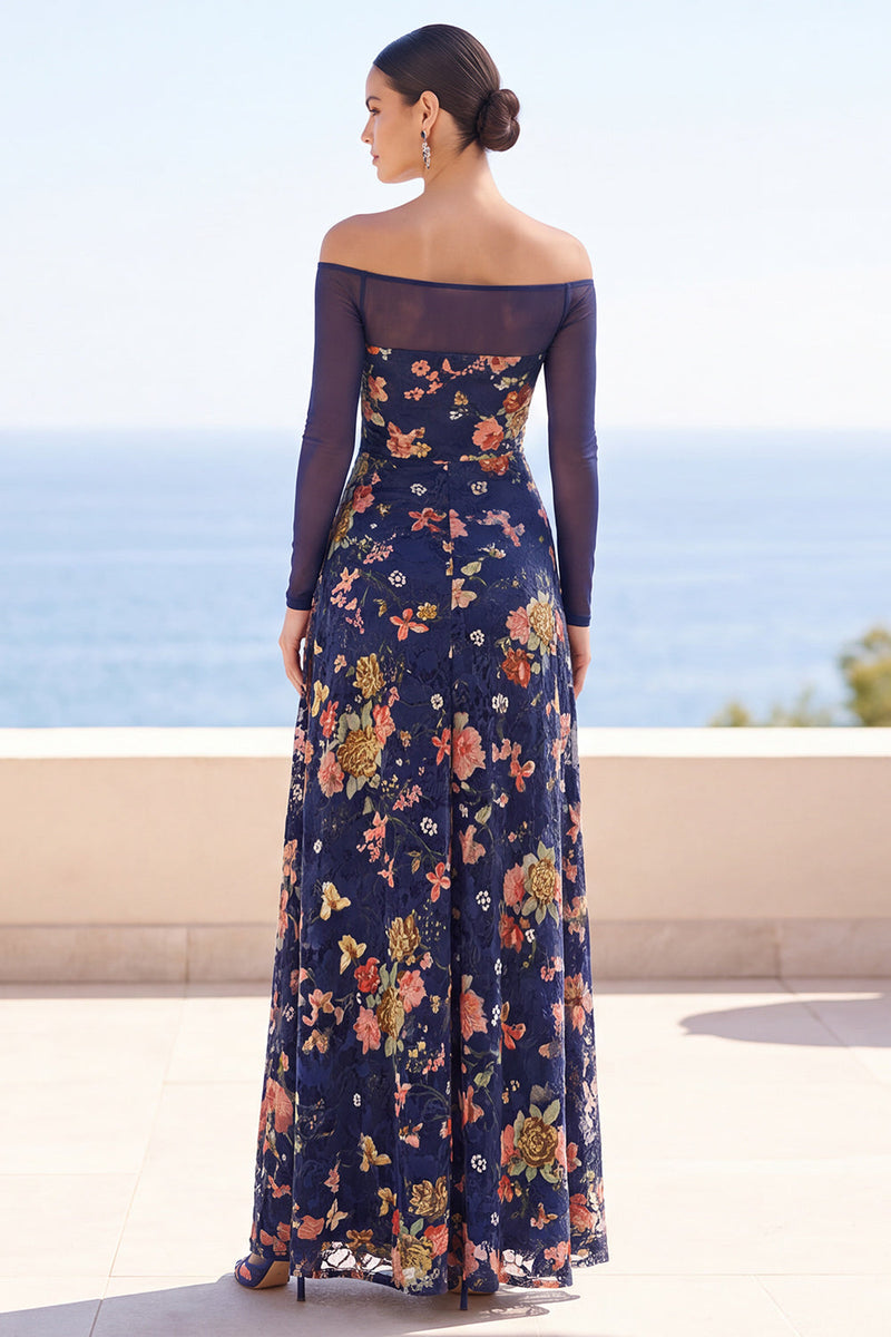 Load image into Gallery viewer, Floral Navy A Line Off the Shoulder Ruched Long Sleeves Wedding Guest Dress