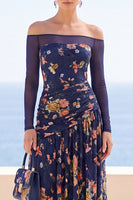 Load image into Gallery viewer, Floral Navy A Line Off the Shoulder Ruched Long Sleeves Wedding Guest Dress