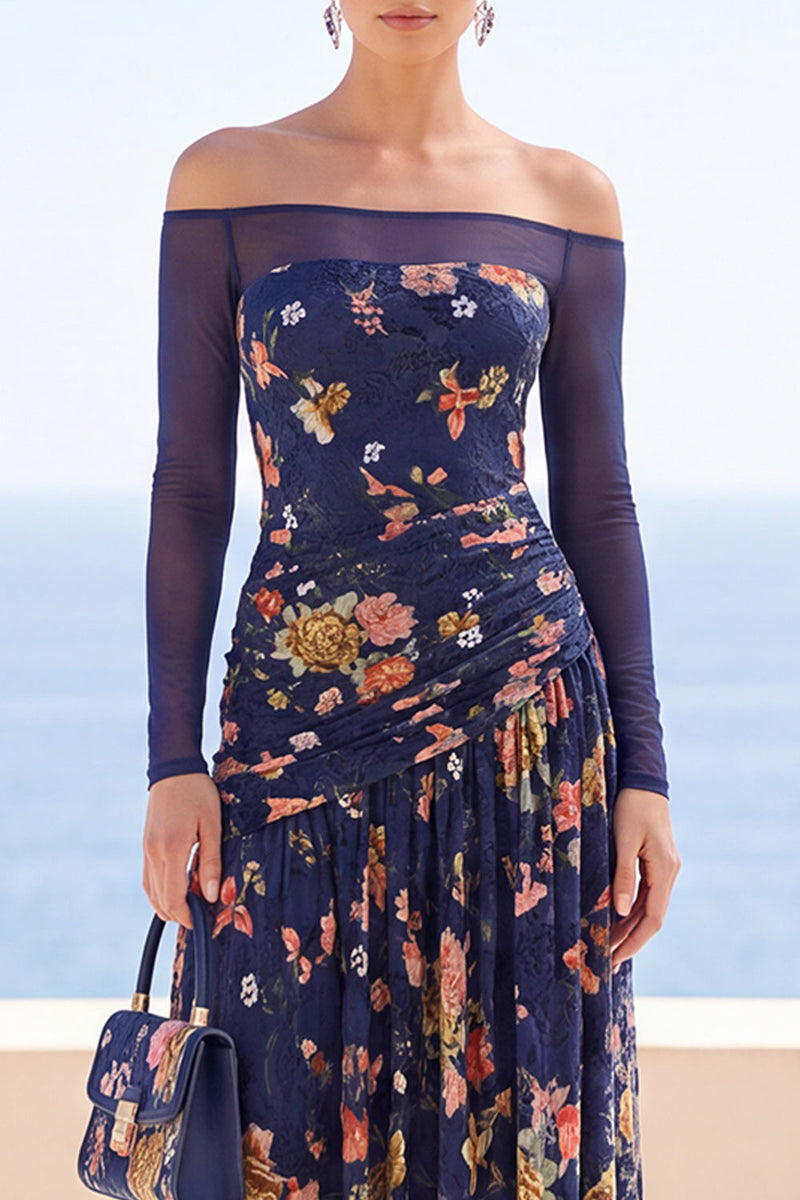 Load image into Gallery viewer, Floral Navy A Line Off the Shoulder Ruched Long Sleeves Wedding Guest Dress