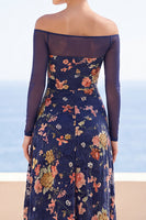 Load image into Gallery viewer, Floral Navy A Line Off the Shoulder Ruched Long Sleeves Wedding Guest Dress