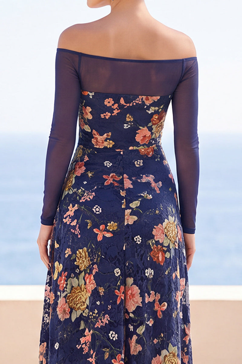 Load image into Gallery viewer, Floral Navy A Line Off the Shoulder Ruched Long Sleeves Wedding Guest Dress