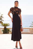 Load image into Gallery viewer, Floral Black A Line High Neck Midi Wedding Guest Dress with Lace