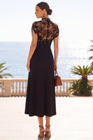 Load image into Gallery viewer, Floral Black A Line High Neck Midi Wedding Guest Dress with Lace