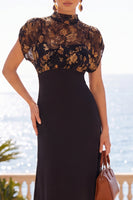 Load image into Gallery viewer, Floral Black A Line High Neck Midi Wedding Guest Dress with Lace