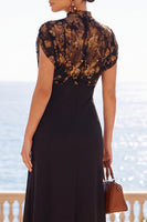 Load image into Gallery viewer, Floral Black A Line High Neck Midi Wedding Guest Dress with Lace