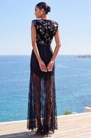 Load image into Gallery viewer, Black Floral Sheath Round Neck Lace Long Wedding Guest Dress