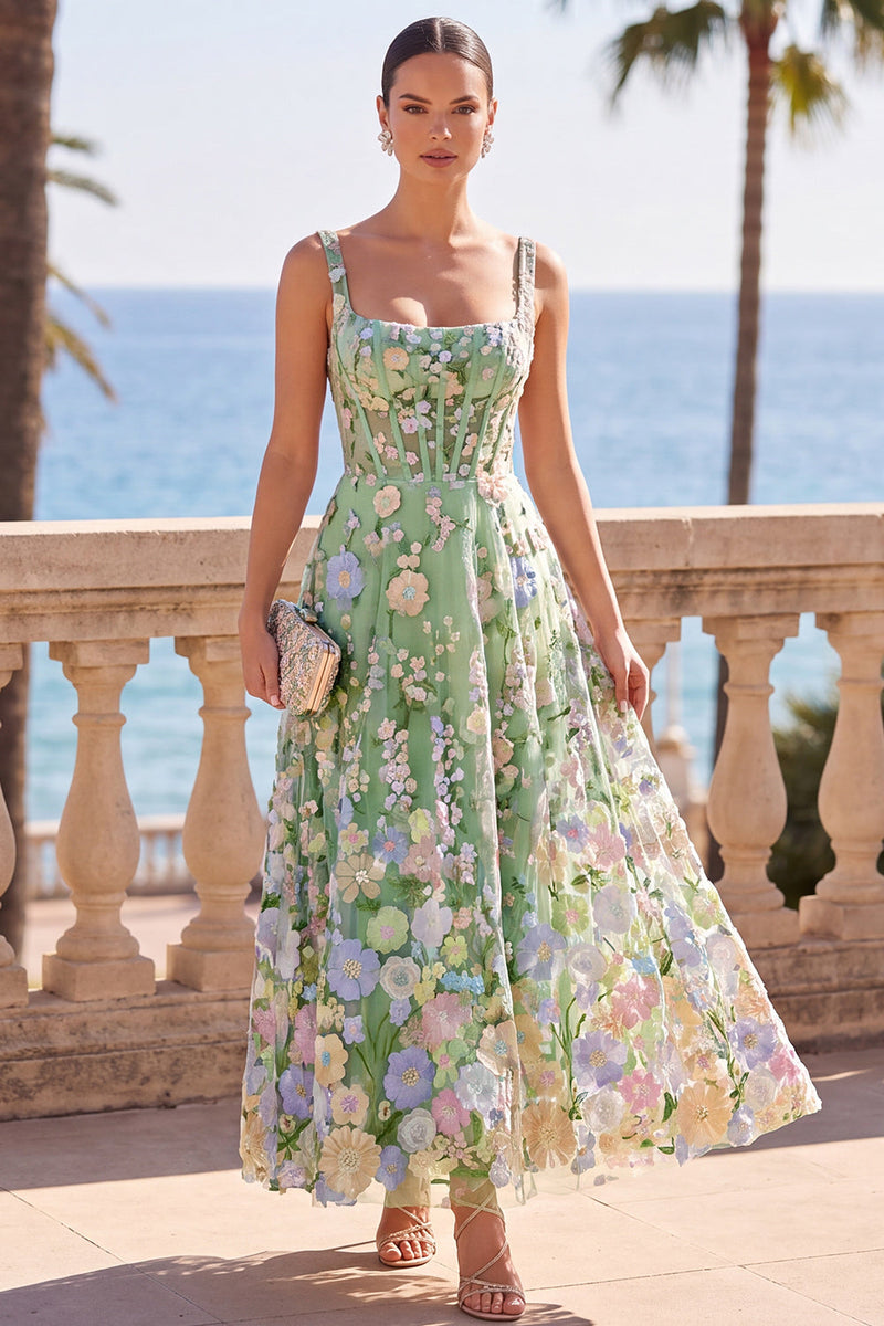 Load image into Gallery viewer, Corset Green A-Line Square Neck Floral Long Wedding Guest Dress
