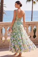 Load image into Gallery viewer, Corset Green A-Line Square Neck Floral Long Wedding Guest Dress