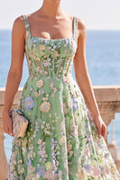 Load image into Gallery viewer, Corset Green A-Line Square Neck Floral Long Wedding Guest Dress
