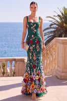 Load image into Gallery viewer, Royal Blue Mermaid Square Neck Floral Long Wedding Guest Dress