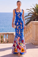 Load image into Gallery viewer, Royal Blue Mermaid Square Neck Floral Long Wedding Guest Dress