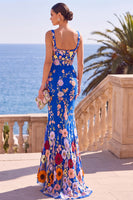 Load image into Gallery viewer, Royal Blue Mermaid Square Neck Floral Long Wedding Guest Dress