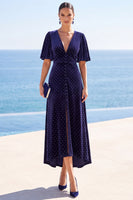 Load image into Gallery viewer, Navy A Line V-Neck Velvet High-Low Wedding Guest Dress with Slit