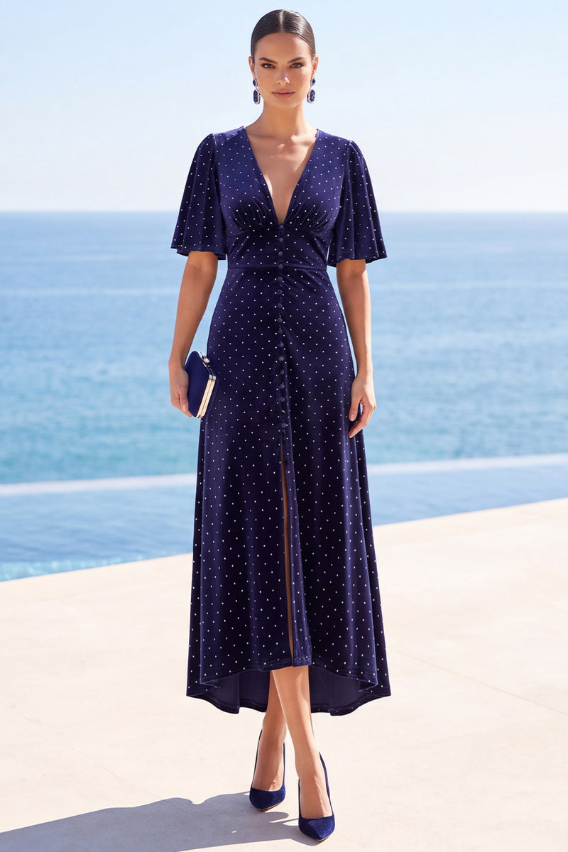Load image into Gallery viewer, Navy A Line V-Neck Velvet High-Low Wedding Guest Dress with Slit