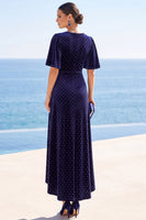 Load image into Gallery viewer, Navy A Line V-Neck Velvet High-Low Wedding Guest Dress with Slit