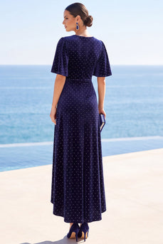 Navy A Line V-Neck Velvet High-Low Wedding Guest Dress with Slit