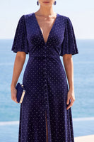 Load image into Gallery viewer, Navy A Line V-Neck Velvet High-Low Wedding Guest Dress with Slit