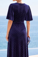 Load image into Gallery viewer, Navy A Line V-Neck Velvet High-Low Wedding Guest Dress with Slit