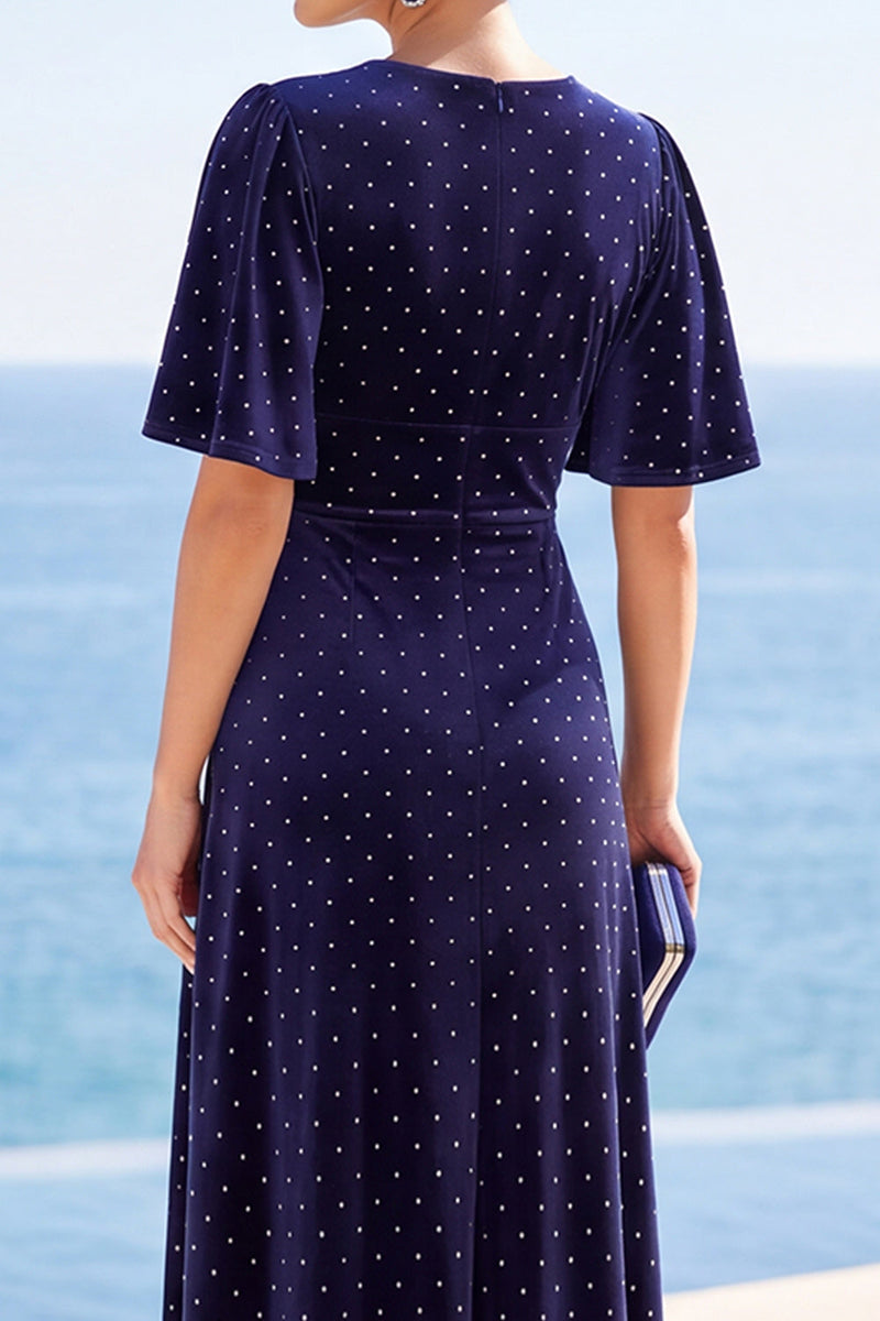 Load image into Gallery viewer, Navy A Line V-Neck Velvet High-Low Wedding Guest Dress with Slit