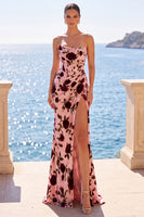 Load image into Gallery viewer, Pink Red Floral Velvet Corset Long Mermaid Wedding Guest Dress with Slit