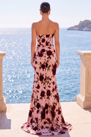 Load image into Gallery viewer, Pink Red Floral Velvet Corset Long Mermaid Wedding Guest Dress with Slit
