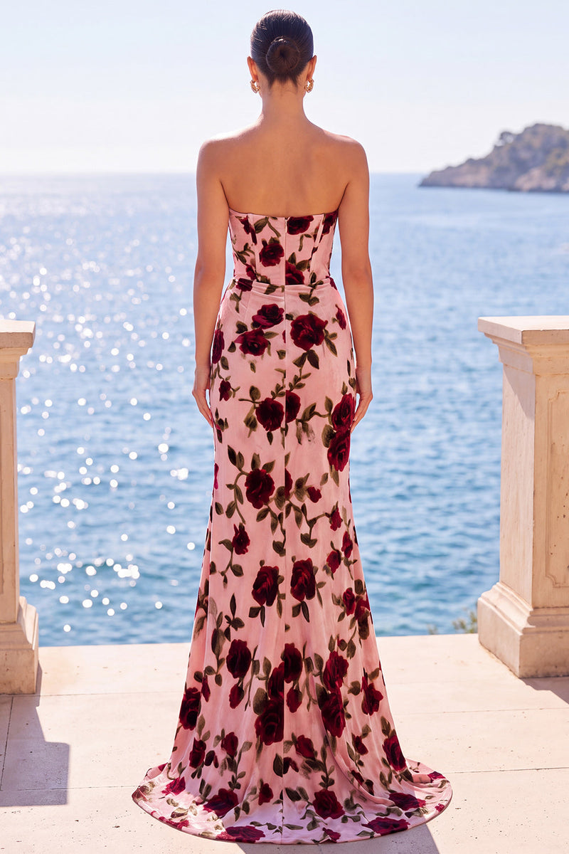 Load image into Gallery viewer, Pink Red Floral Velvet Corset Long Mermaid Wedding Guest Dress with Slit