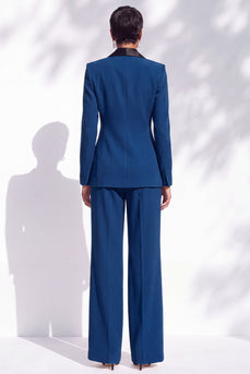 Dark Blue 2 Piece Shawl Lapel Business Suits with 3D Flower