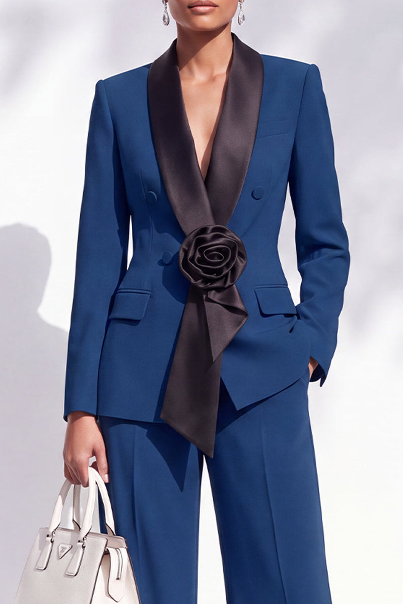 Load image into Gallery viewer, Dark Blue 2 Piece Shawl Lapel Business Suits with 3D Flower