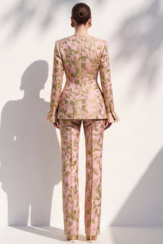 Blush Floral Slim Fit V-Neck 2-Piece Single Breasted Prom Suits with Pocket