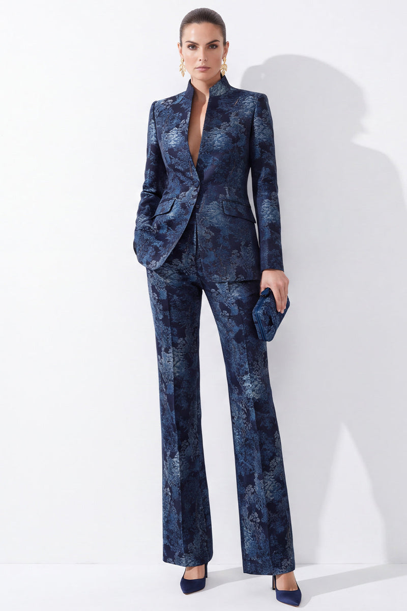 Load image into Gallery viewer, Navy High Neck 2-Piece Long Sleeves Slim Fit Prom Suits with Pocket