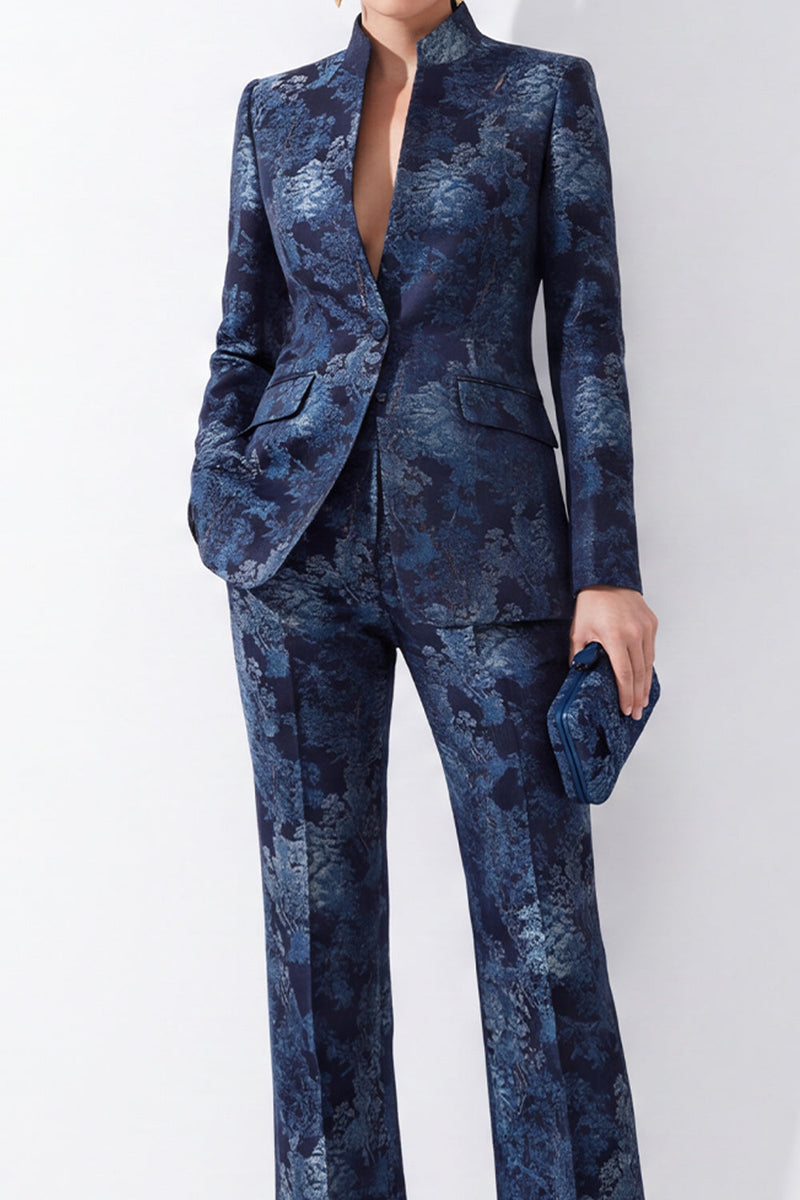 Load image into Gallery viewer, Navy High Neck 2-Piece Long Sleeves Slim Fit Prom Suits with Pocket
