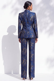 Navy High Neck 2-Piece Long Sleeves Slim Fit Prom Suits with Pocket