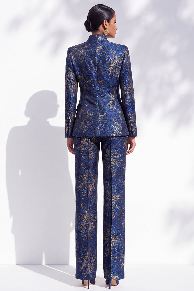 Load image into Gallery viewer, Navy High Neck 2-Piece Long Sleeves Slim Fit Prom Suits with Pocket